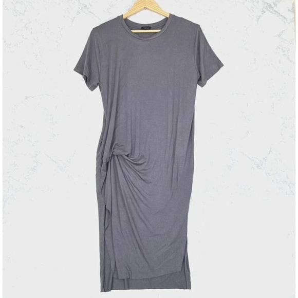 SEN Perry T-Shirt Dress Womens 2 Gray Jersey Midi Side Ruched Side Slits Minimal - Picture 2 of 9
